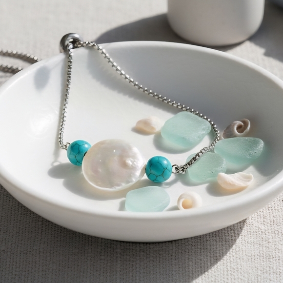 🆕️ Baroque Pearl Turquoise Beaded Adjustable Bracelet 18K White Gold Plated - Picture 6 of 10